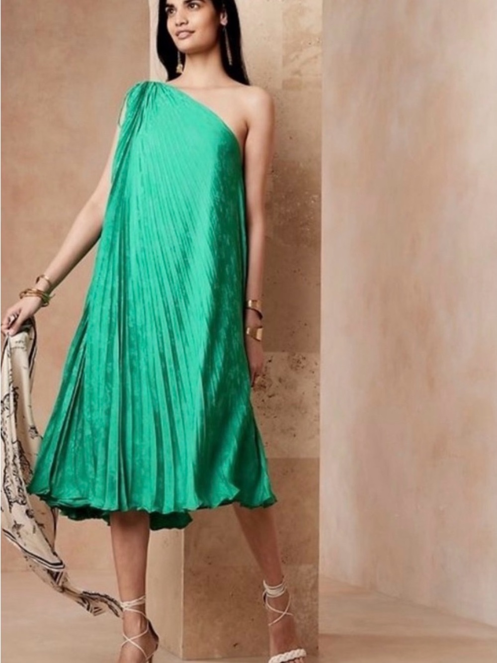 Banana Republic One-Shoulder Emerald Green Pleated Dress NWT